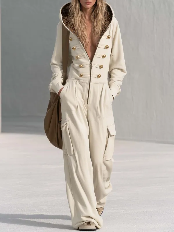 Vintage Cream Hooded Gold-Button Zip-Front Cargo Wide-Leg Military Jumpsuit Women made by Oyrosy