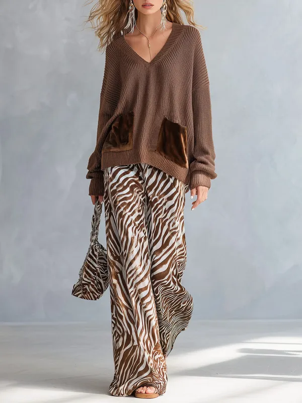 Stylish Everyday Brown V-Neck Sweater & Zebra-Print Velvet Wide-Leg Pants Set made by Oyrosy