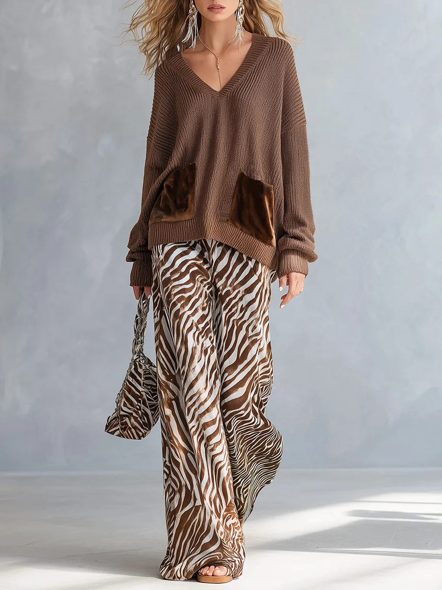 Stylish Everyday Brown V-Neck Sweater & Zebra-Print Velvet Wide-Leg Pants Set sold by Oyrosy