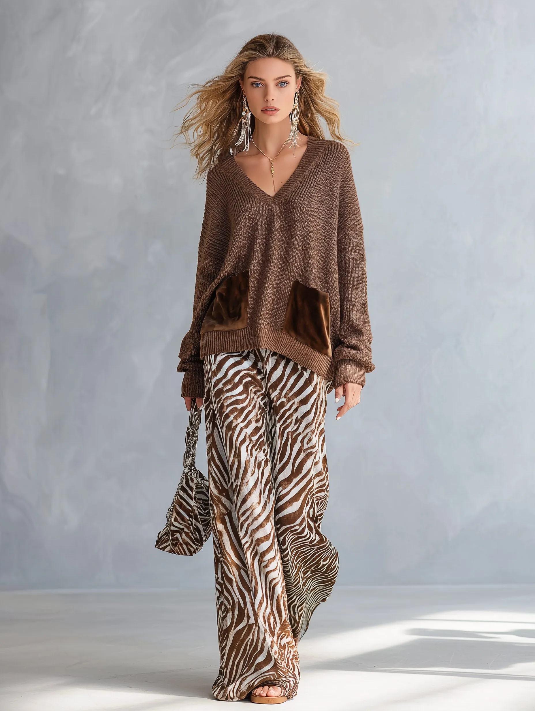 Stylish Everyday Brown V-Neck Sweater & Zebra-Print Velvet Wide-Leg Pants Set sold by Oyrosy product image thumbnail 3