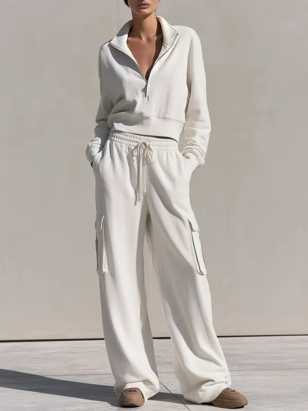 Casual Sports White Cotton Half-zip Sweatshirt And Cargo Pants Set made by Oyrosy