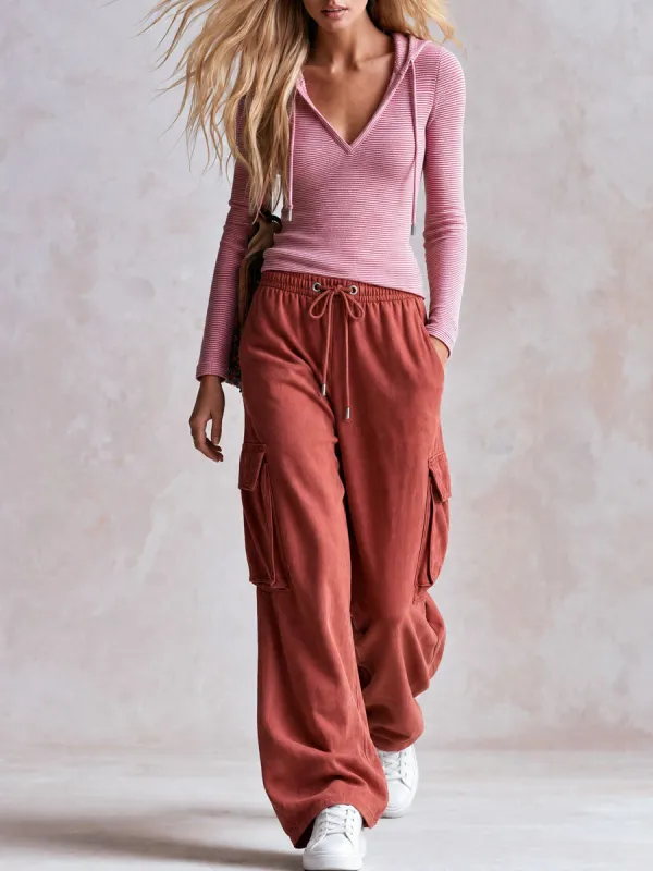 Sporty Retro Pink Striped Hoodie And Brick Red Cotton Pants Set made by Oyrosy