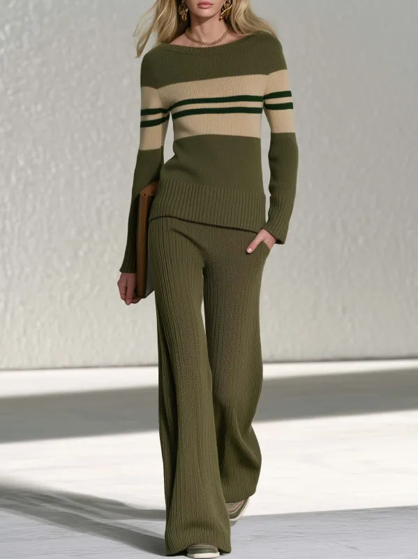 Preppy Olive Green Striped Boat Neck Sweater Wide Leg Pants Knit Set made by Oyrosy
