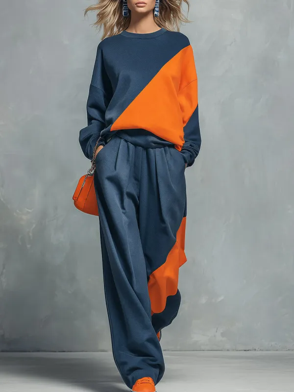 Casual Sportswear Blue And Orange Color-Block Sweatshirt And Joggers Set made by Oyrosy