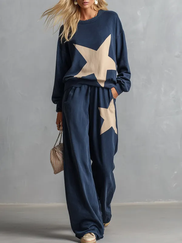 Stylish Casual Star-Print Blue Sweatshirt And Wide-Leg Pants Cotton Set made by Oyrosy