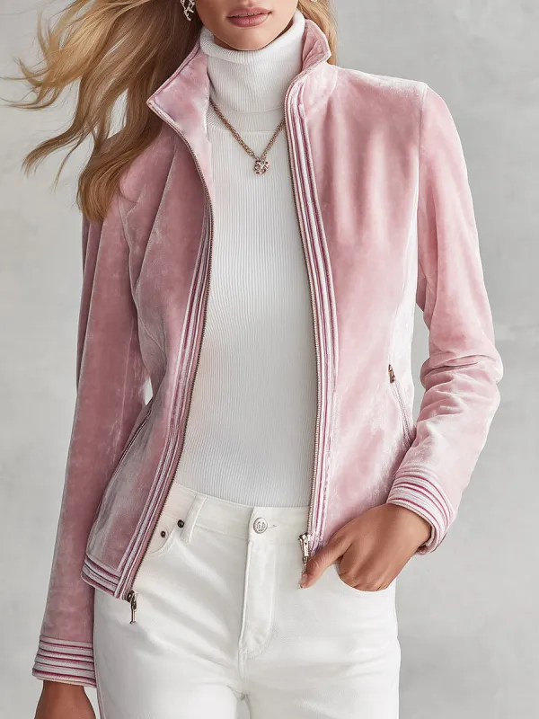 Elegant Striped Trim Pink Stand-collar Zip-front Velvet Jacket made by Oyrosy