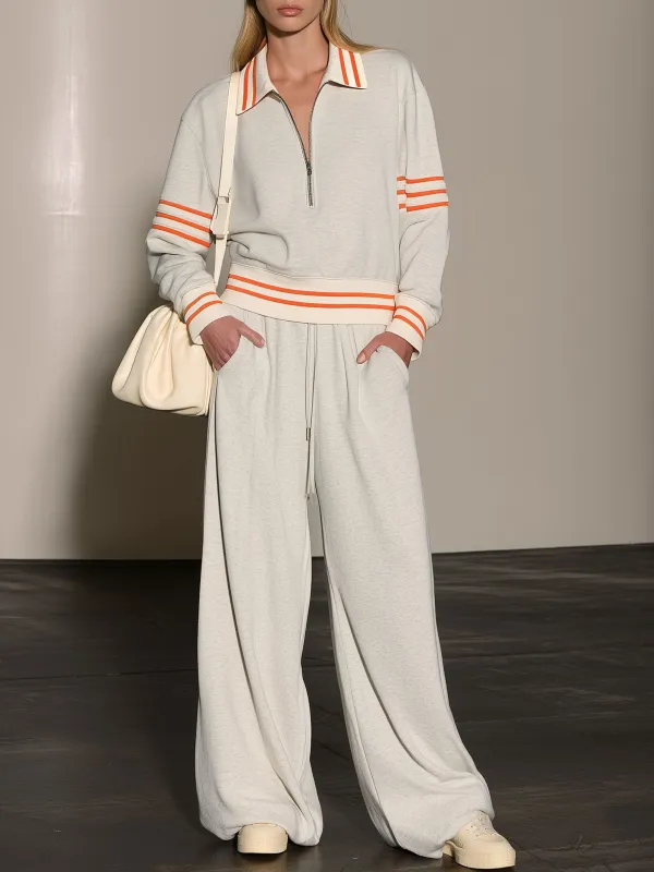 Casual And Comfortable Striped Gray And White Half-zip Sweatshirt And Pants Set made by Oyrosy