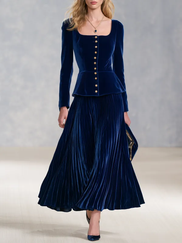Royal Blue Velvet Pleated Skirt Set With A Retro Casual And Elegant Style made by Oyrosy