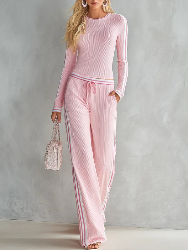 Casual Urban Striped-Trim Pink Ribbed Knit Long-Sleeve T-Shirt And Wide-Leg Pants Set made by Oyrosy