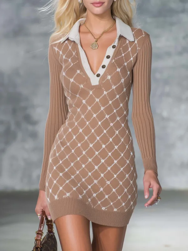Old Money Camel Diamond Knit Collared V Neck Bodycon Mini Sweater Dress made by Oyrosy