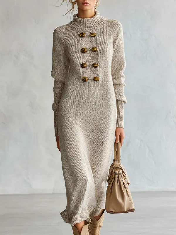 Elegant And Stylish Decorative Buttons Oatmeal-colored Knit Midi Dress made by Oyrosy