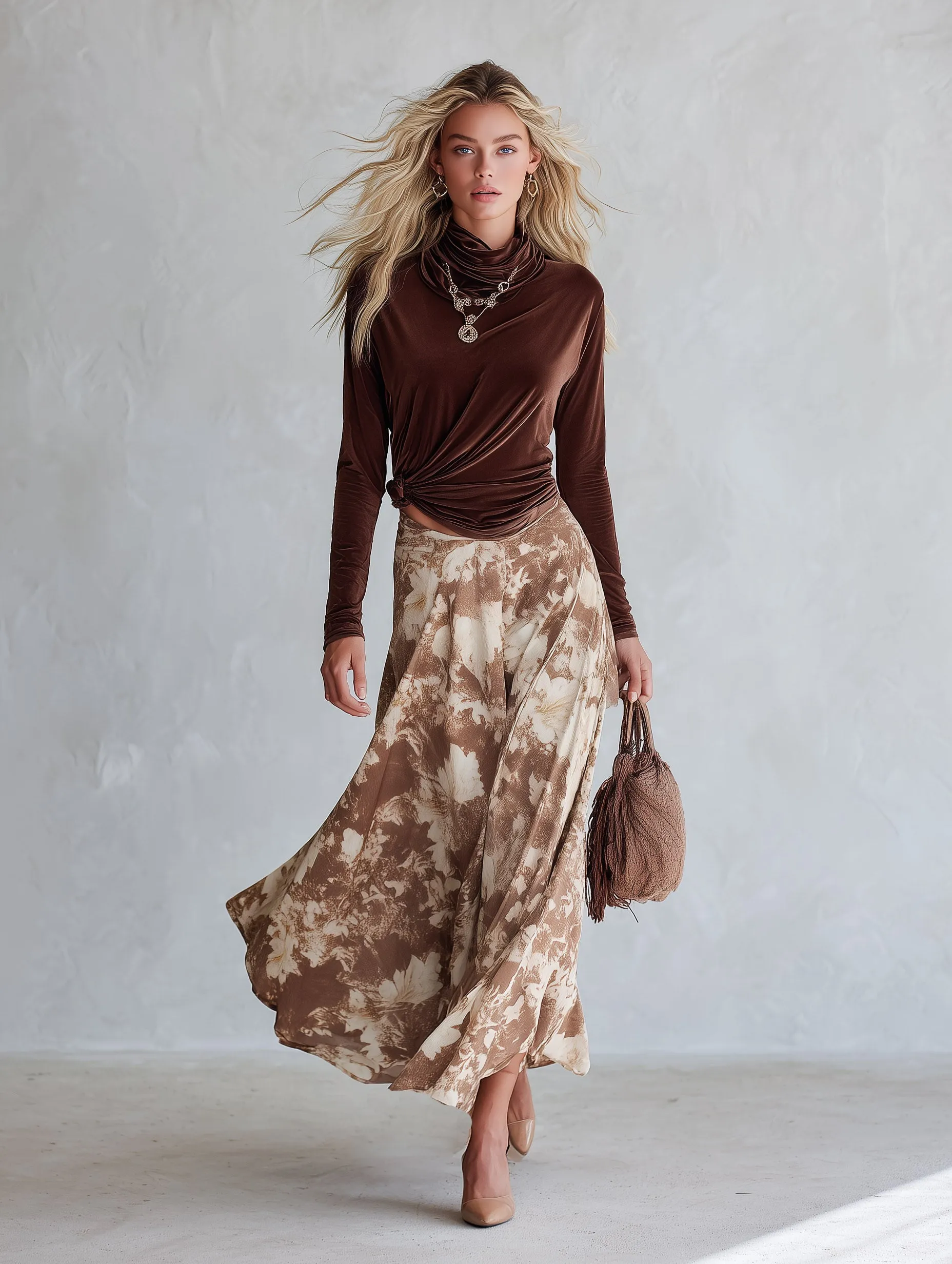 Elegant Cowl-Neck Long-Sleeve Top And Floral Skirt Velvet Set sold by Oyrosy product image thumbnail 3