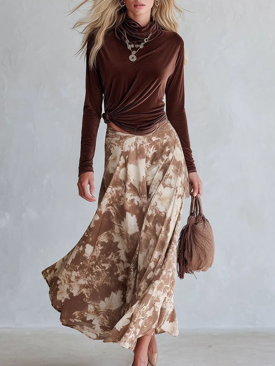 Elegant Cowl-Neck Long-Sleeve Top And Floral Skirt Velvet Set sold by Oyrosy