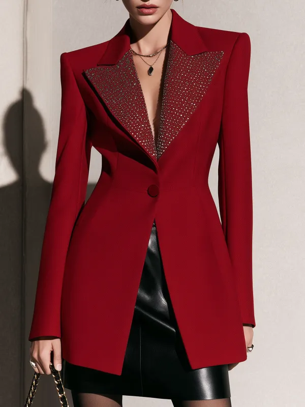 Casual And Elegant Rhinestone Collar Red Slim-fit Blazer made by Oyrosy