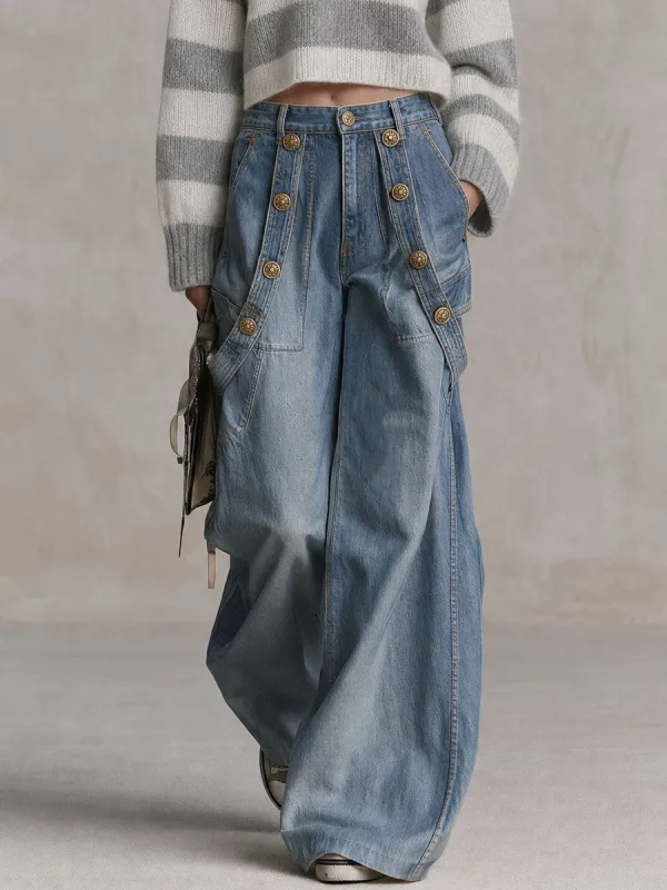 Retro Blue High-Waisted Multi-Pocket Button-Detail Wide-Leg Denim Cargo Pants made by Oyrosy