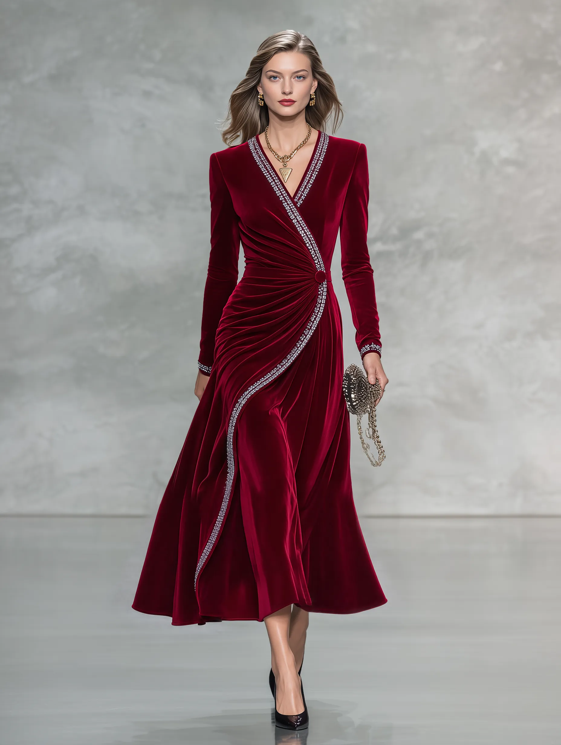 Vintage-style Elegant Red Velvet Maxi Dress With Rhinestones sold by Oyrosy product image thumbnail 5