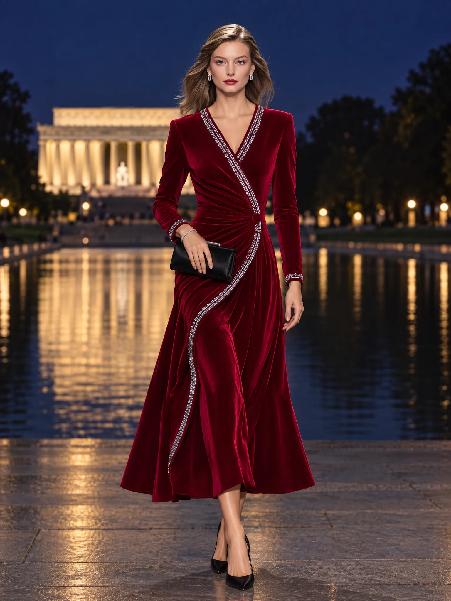 Vintage-style Elegant Red Velvet Maxi Dress With Rhinestones sold by Oyrosy product image thumbnail 2