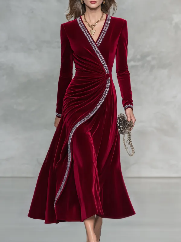 Vintage-style Elegant Red Velvet Maxi Dress With Rhinestones made by Oyrosy