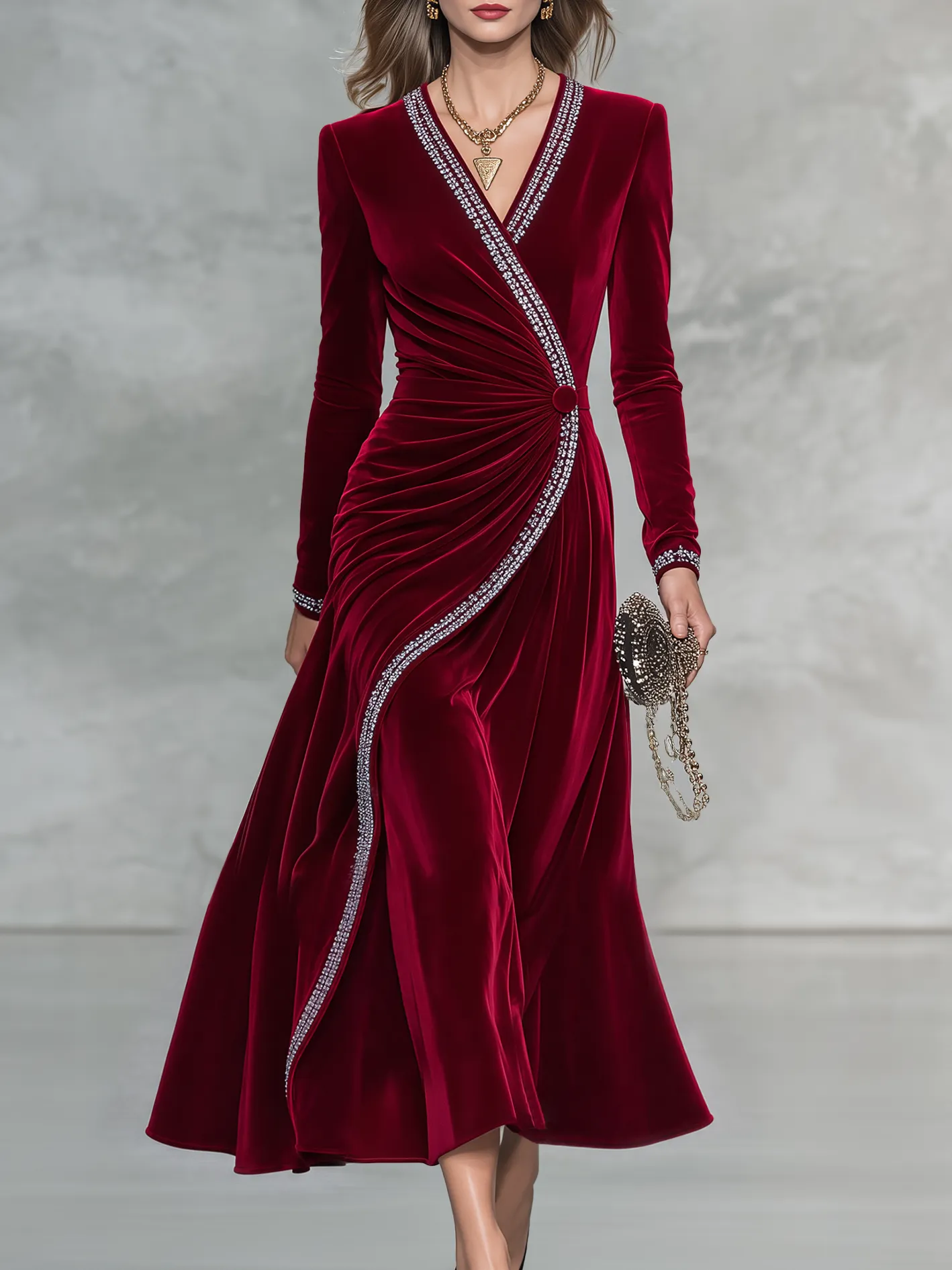 Vintage-style Elegant Red Velvet Maxi Dress With Rhinestones sold by Oyrosy