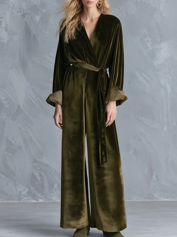 Velvet Wrap V-Neck Belted Wide-Leg Jumpsuit made by Oyrosy