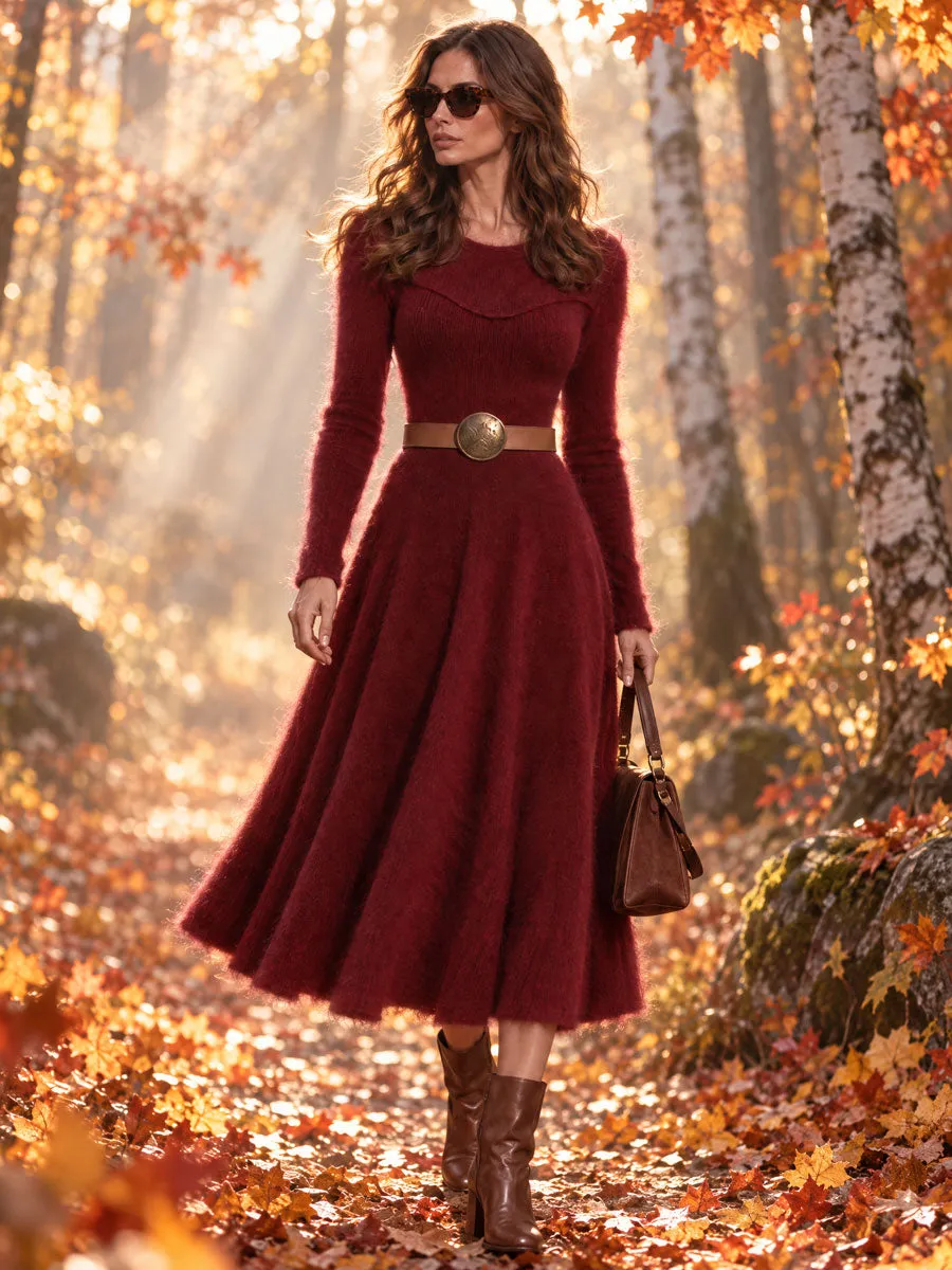 Women's Fuzzy Knit Long Sleeve A-Line Midi Sweater Dress sold by Oyrosy product image thumbnail 3