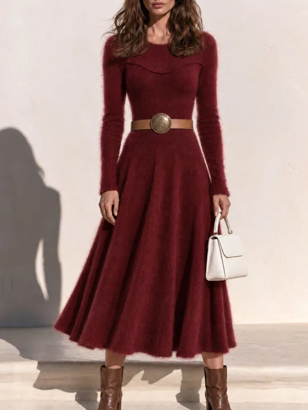 Women's Fuzzy Knit Long Sleeve A-Line Midi Sweater Dress made by Oyrosy