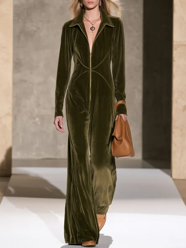Stylish And Simple Olive Green Velvet Long-sleeved Wide-leg Jumpsuit made by Oyrosy