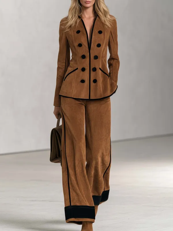 Vintage Cognac Faux Suede Double-Breasted Blazer And Wide-Leg Pants Set For Women made by Oyrosy