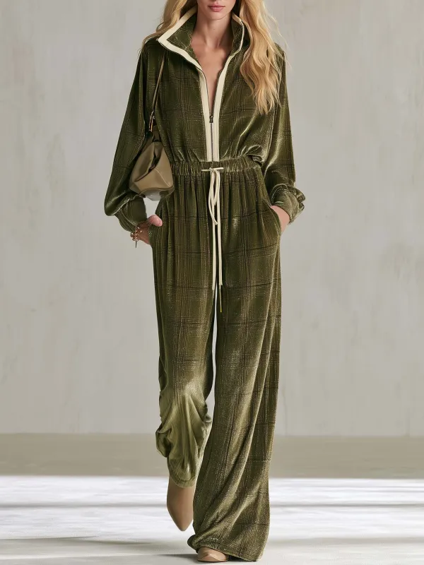 Retro-Casual Olive Green Plaid Velour Wide-Leg Jumpsuit made by Oyrosy