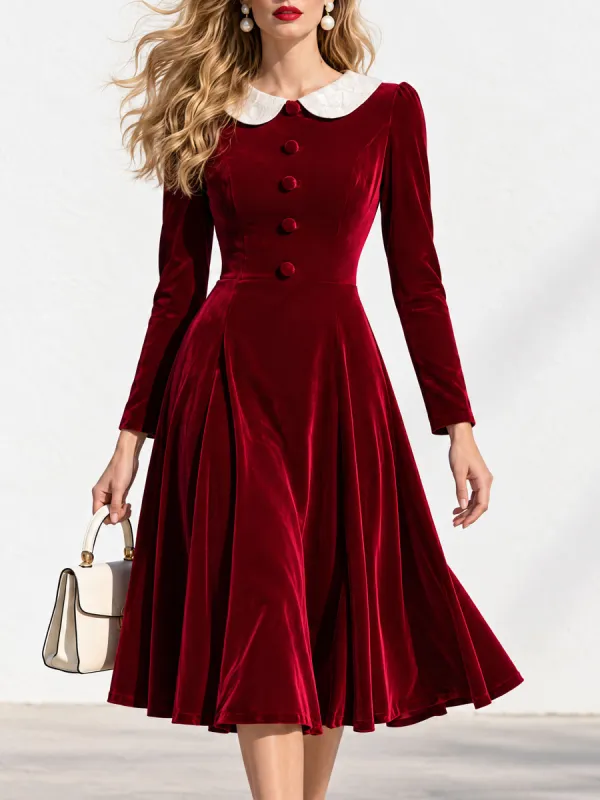 Women's Fashion Lace Collar Red Velvet A-line Midi Dress made by Oyrosy
