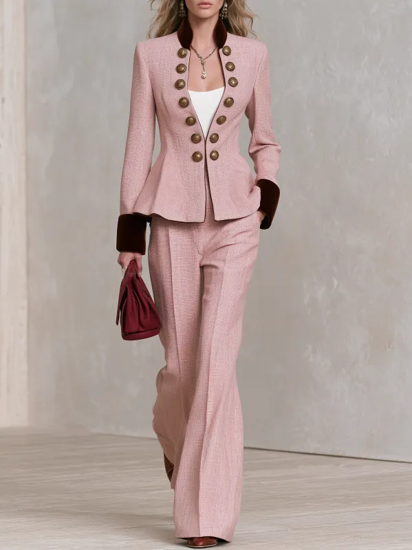 Women's Retro Colorblock Military-Style Tweed Two-Piece Set Vintage Casual Elegant made by Oyrosy