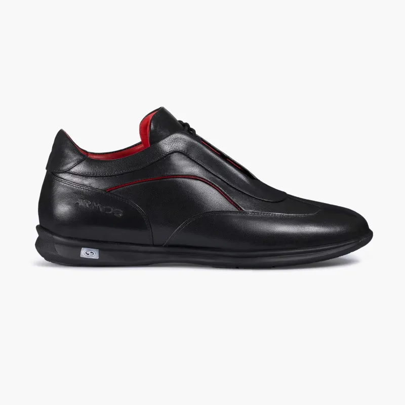 Men’s Black Leather Sneaker with Red Lines sold by Armos