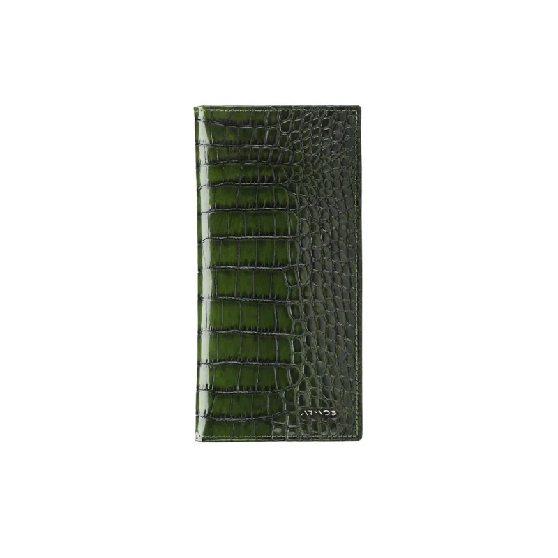Green croc-printed wallet sold by Armos