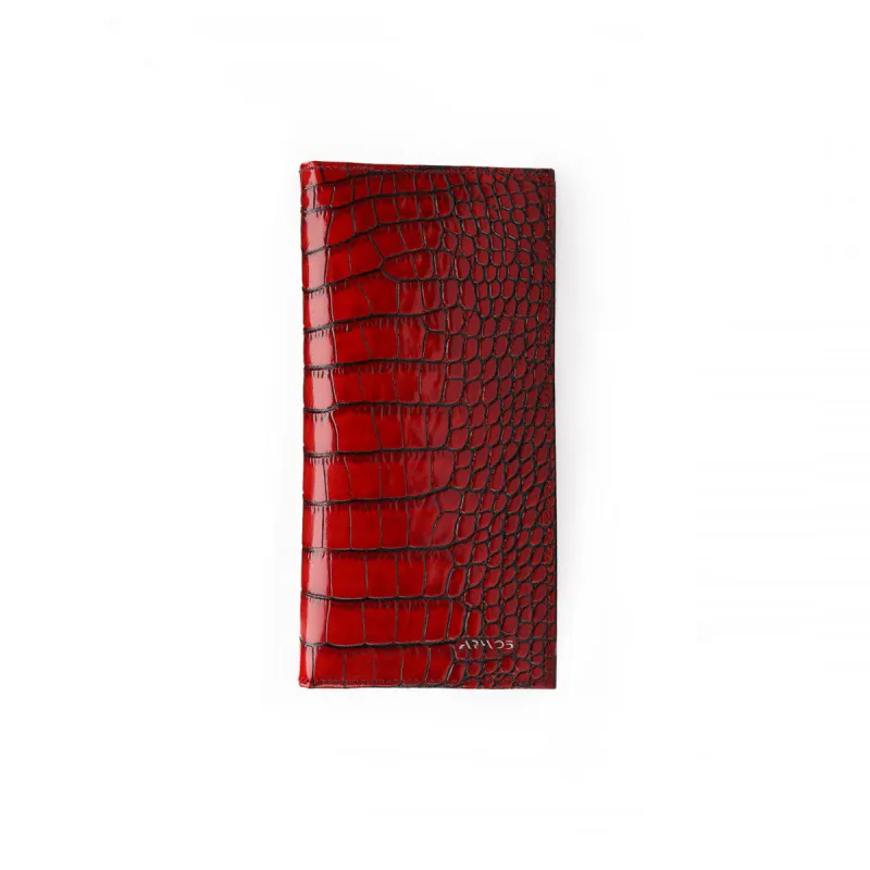 Red croc-printed wallet sold by Armos