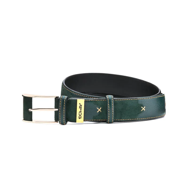 Green leather and suede belt sold by Armos