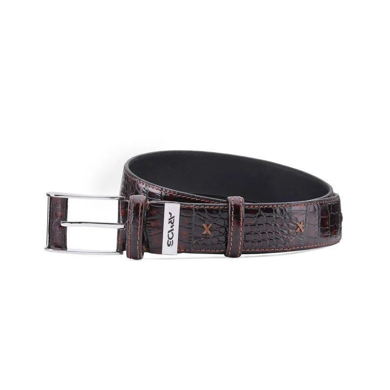 Brown crocodile printed belt sold by Armos