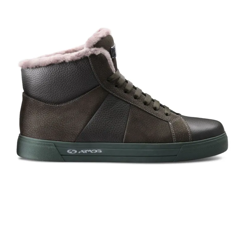 Insulated green leather boots sold by Armos