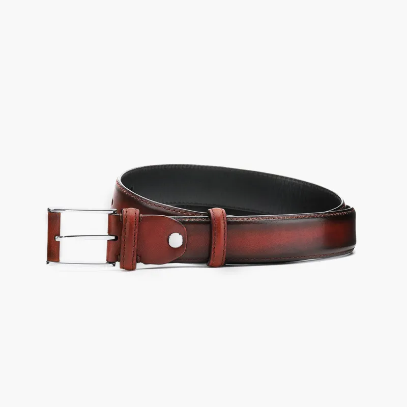 Hand-painted cherry leather belt sold by Armos