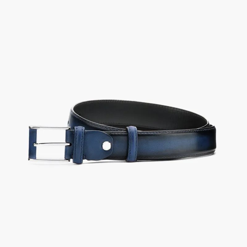 Deep blue patina leather belt sold by Armos
