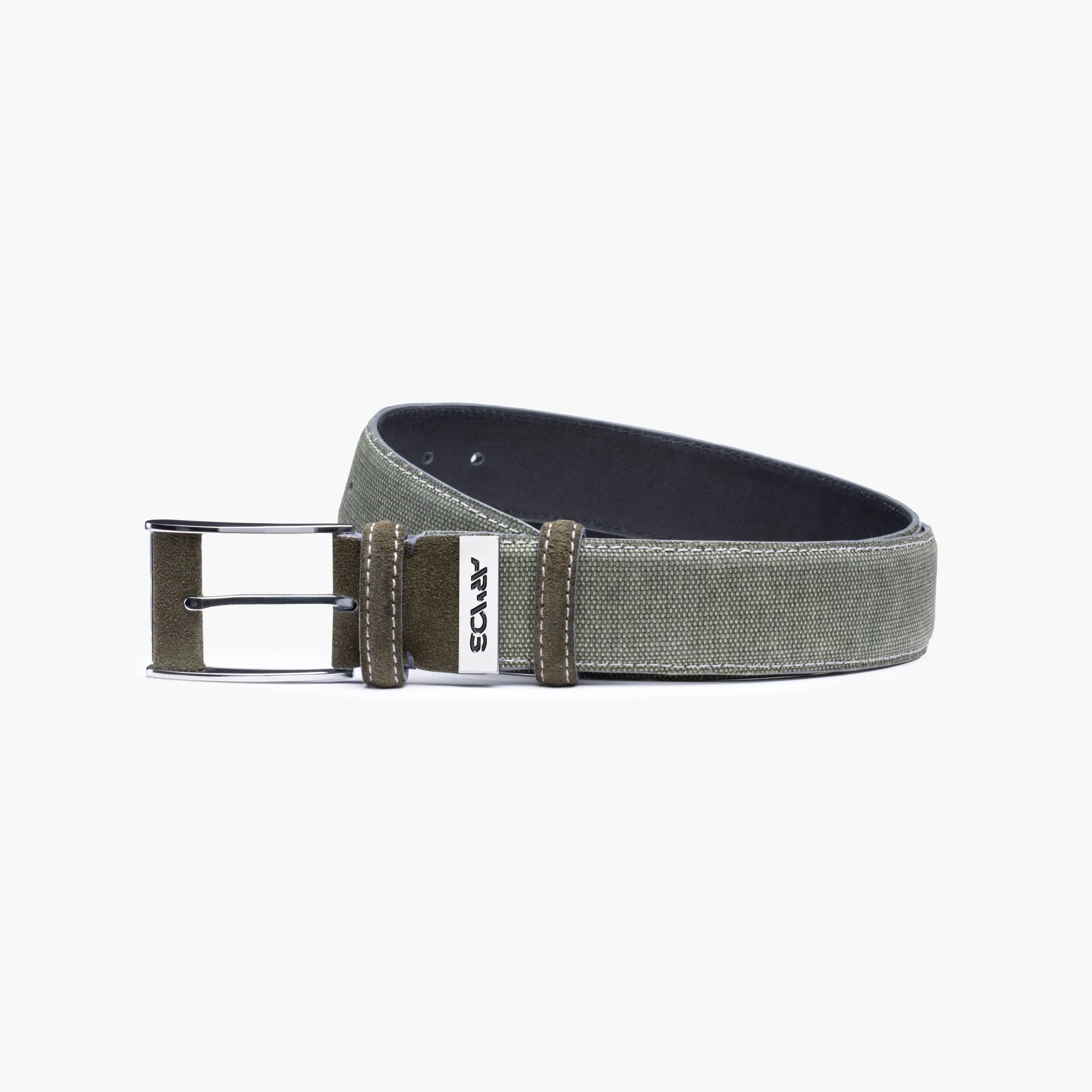 Textured olive canvas & suede belt sold by Armos