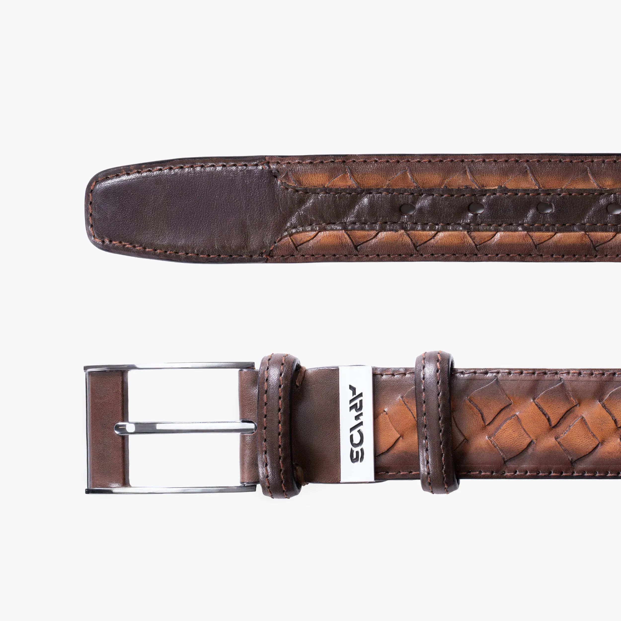 Woven brown patina leather belt sold by Armos product image thumbnail 2