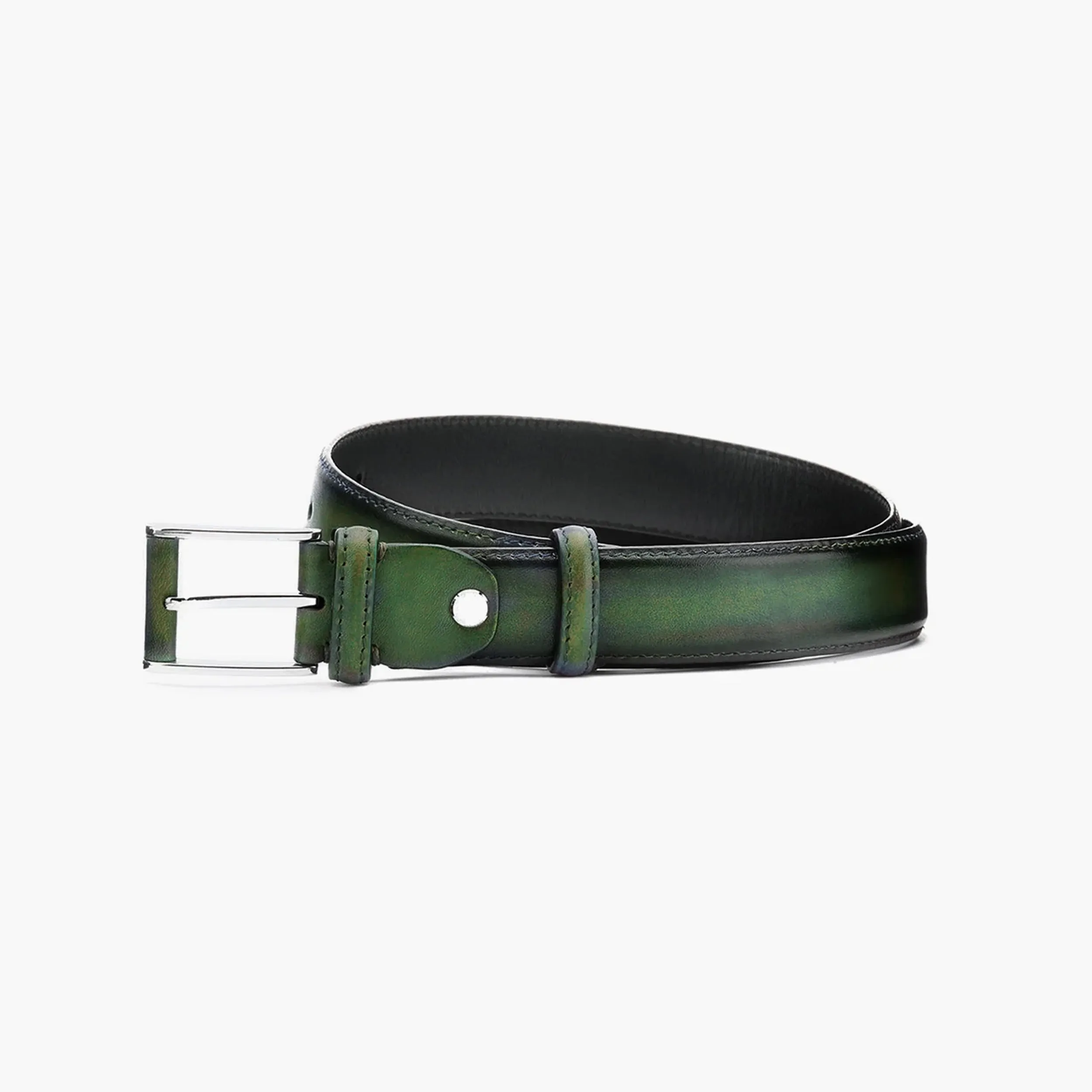 Forest green patina leather belt sold by Armos