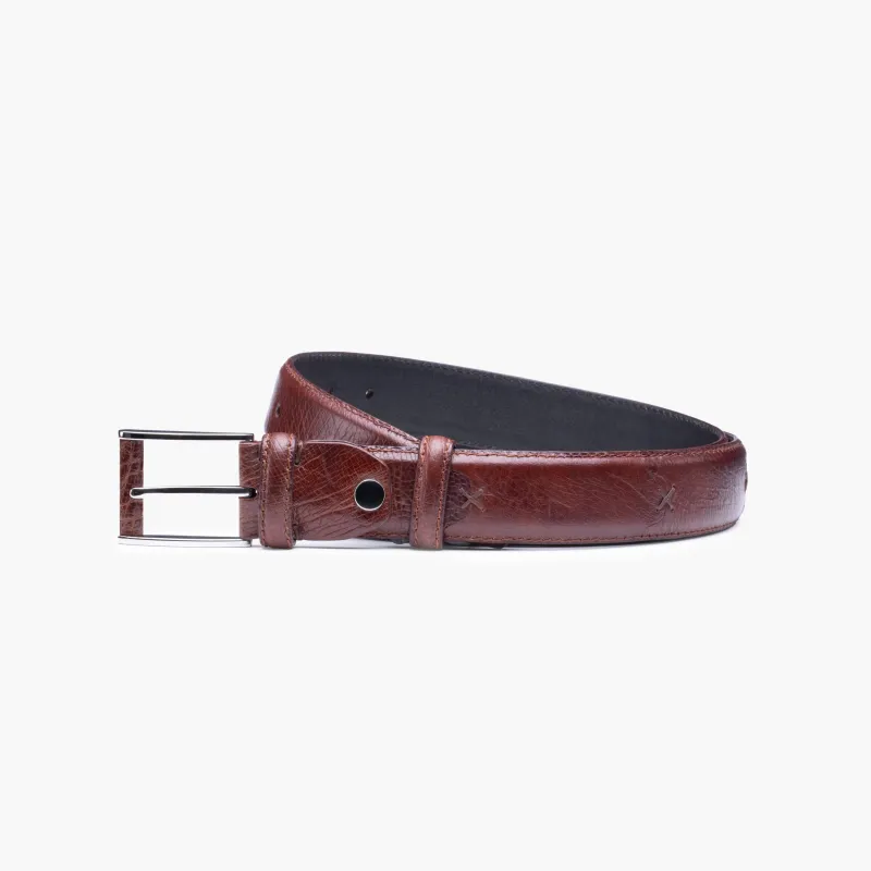 Grained dark espresso leather belt sold by Armos