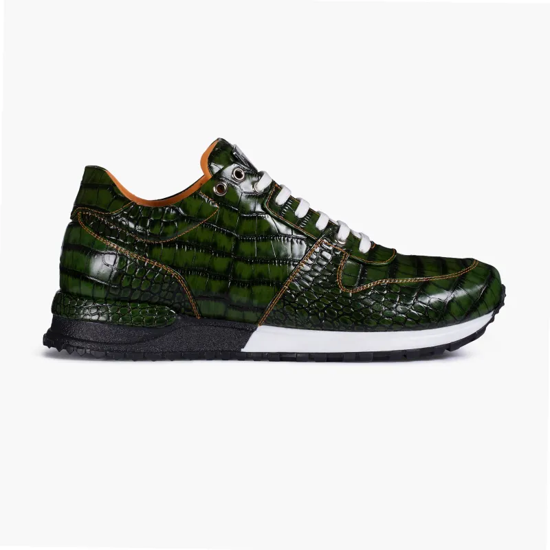 Men's Green Croc-Embossed Leather Sneaker made by Armos