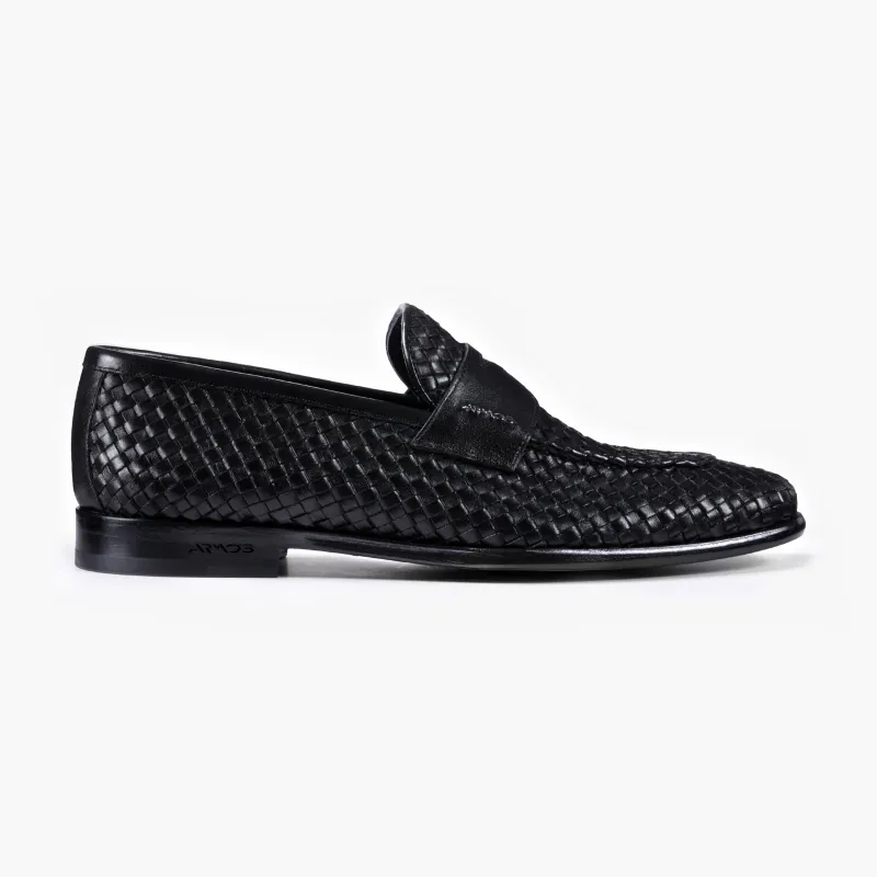 Men's Black Woven Leather Penny Loafer made by Armos