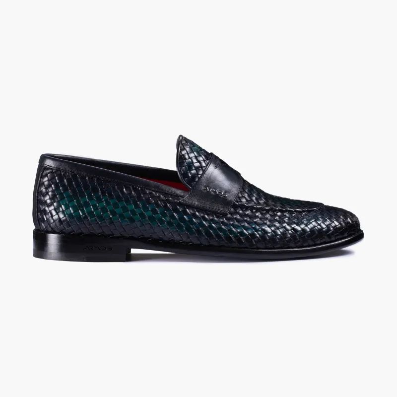 Men's Green Woven Leather Penny Loafer made by Armos