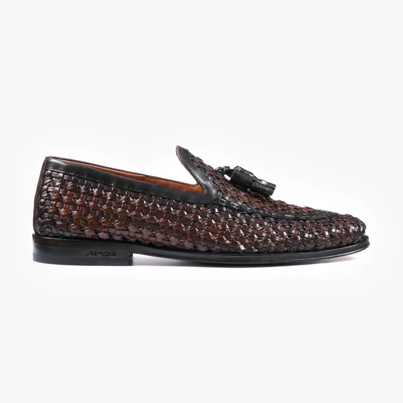 Men's Brown Woven Leather Tassel Loafer made by Armos
