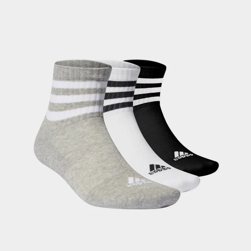 Adidas Unisex 3 Pack 3 Stripe Cushioned Sportswear Mid Cut Sock Grey/White/Black _ 182423 _ Multi sold by Tekkie Town