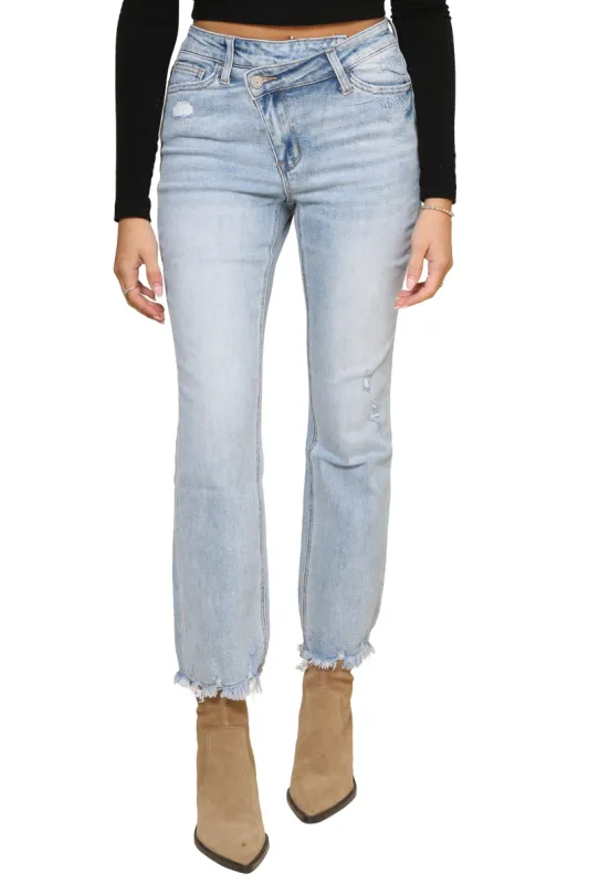 Sunfaded Crisscross Kick Flare Jeans sold by Mixology
