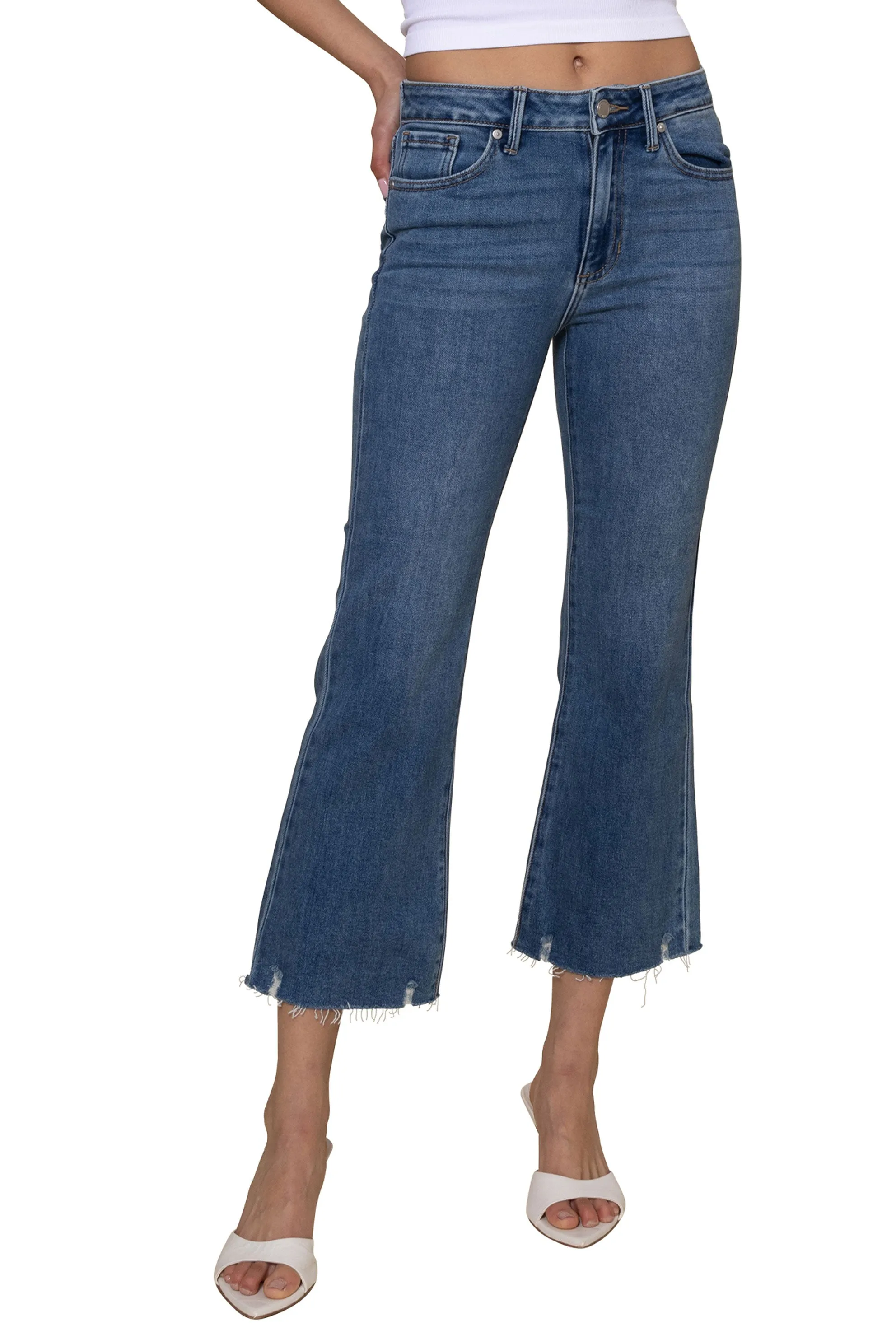 High Rise Crop Flare With Distressed Hem Jeans sold by Mixology